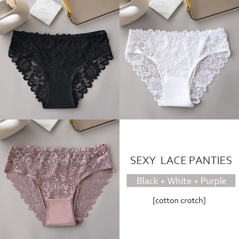 Women’s Lace Briefs 3‑Pack – Floral Embroidery, Mid‑Rise - 3KDyn